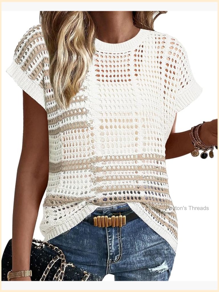 Crochet Sweater Short Sleeve Summer Boho Hollow Out Beach Cover Up